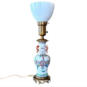 Antique Asian Chinoiserie Enamel Lamp 15 in 20s Or 30s Cloth Fabric Wiring
